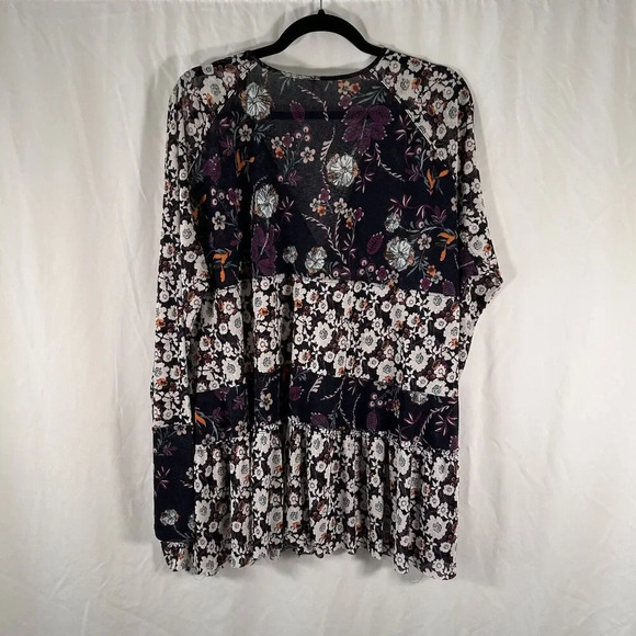 Free People Blouse Women's Medium Purple Floral Vneck Long Sleeve Sheer - Picture 9 of 10